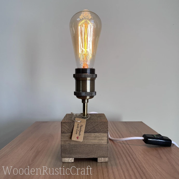 English Oak Block Table Lamp with Edison Bulb