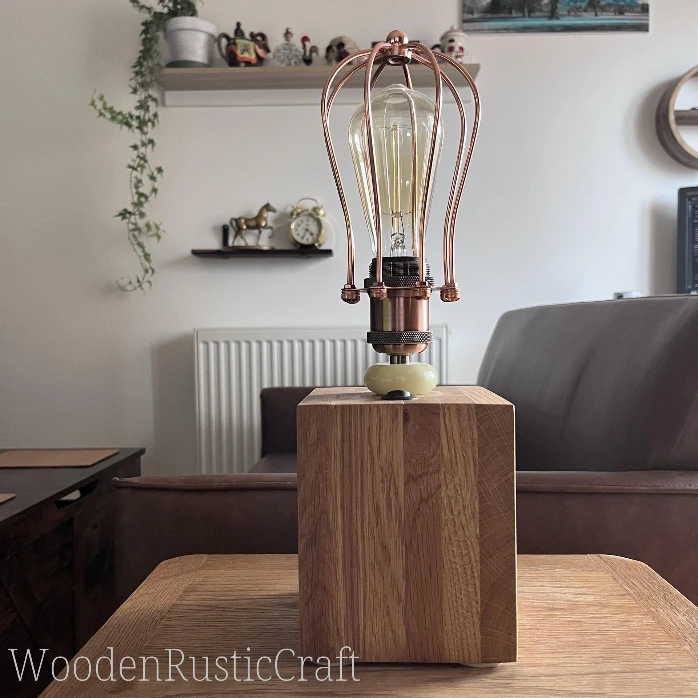 Large, Heavy Oak Cube Lamp with Metal Bulb Guard
