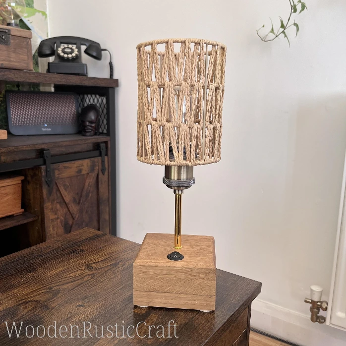 Solid Oak Table Lamp with Woven Cord Shade