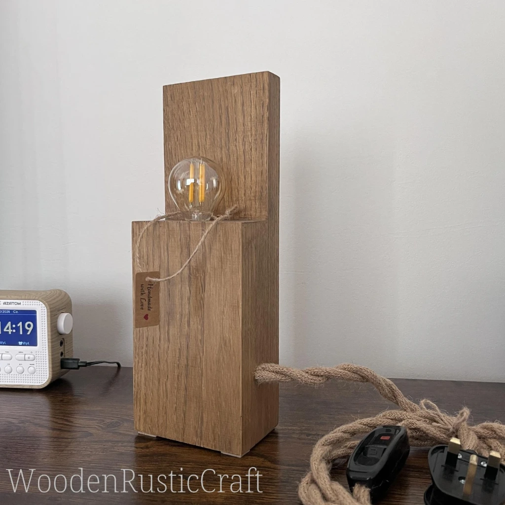 Rustic Oak Farmhouse Lamp with Jute Cord