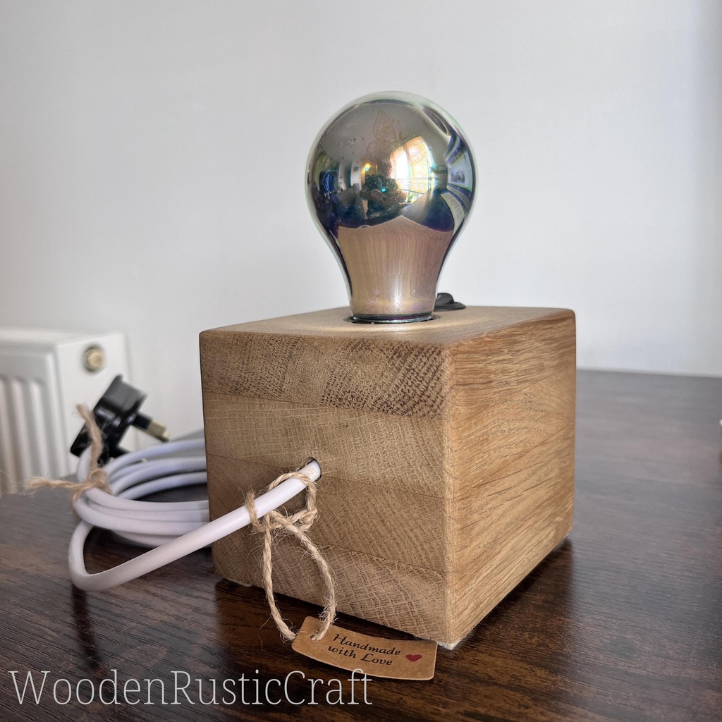 Handmade Oak Block Lamp with 3D LED Bulb | Night Light