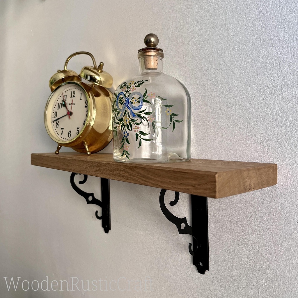 Solid English Oak Wall Shelf with Metal Brackets | Handmade