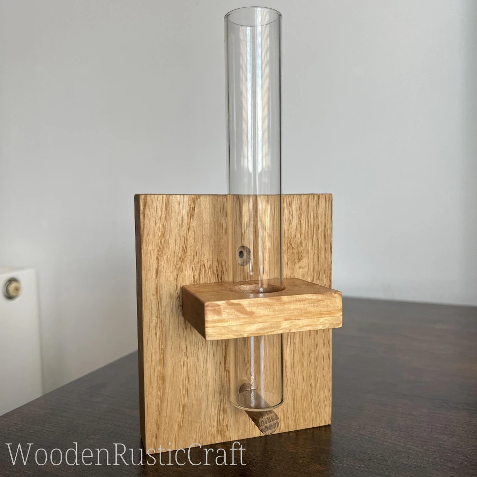 Handmade Oak Wall Vase with Glass Test Tube | Rustic Décor