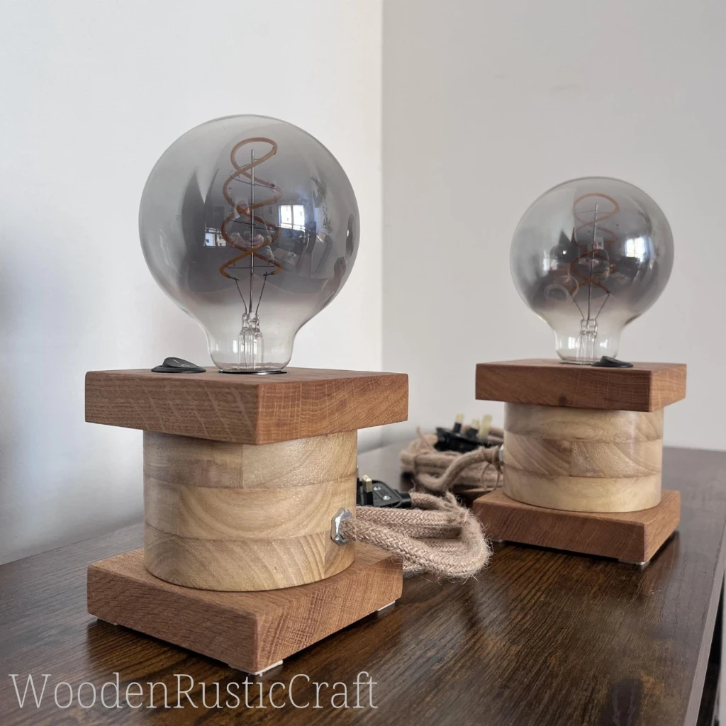 Pair of Japandi Oak & Paulownia Table Lamps