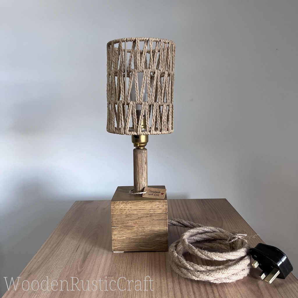 Tall Solid Oak Table Lamp with Woven Rope Shade