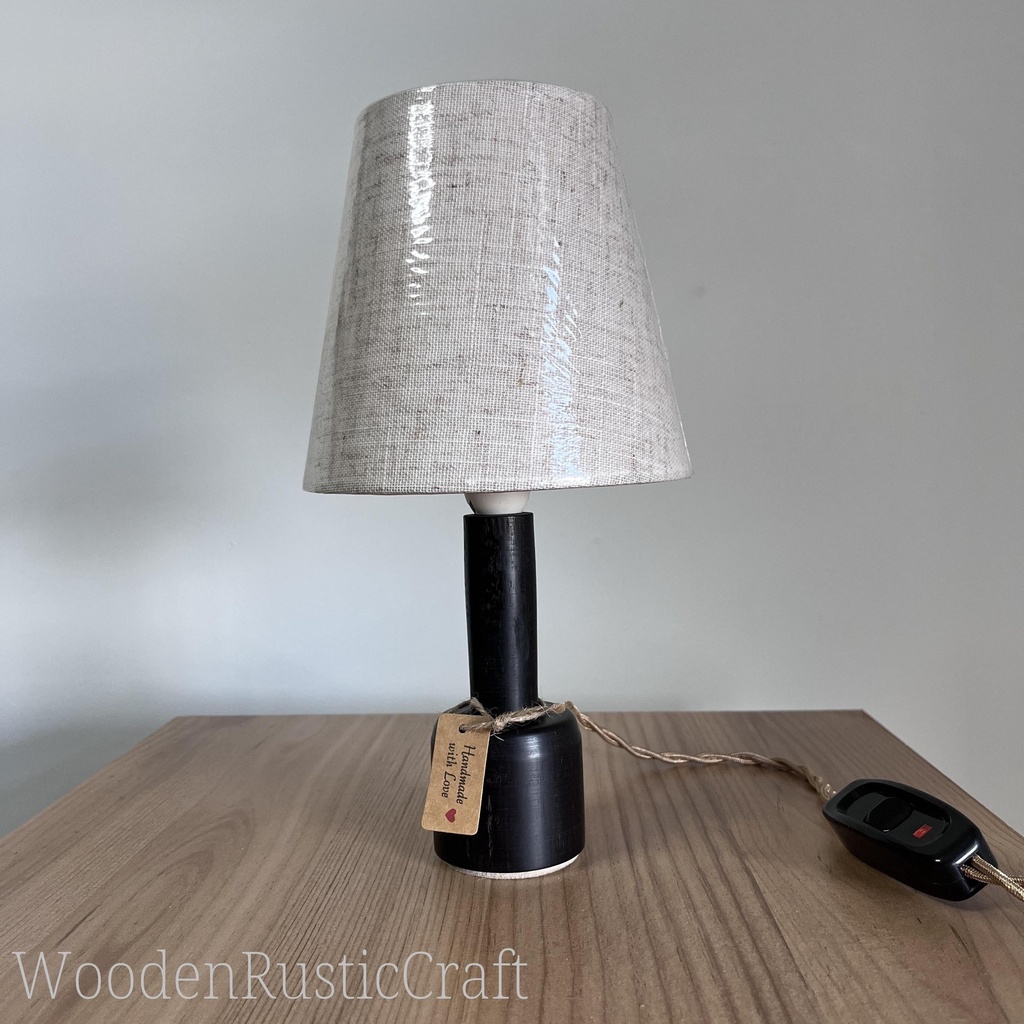 Handmade Ebony Wood Bedside Lamp with Linen Shade