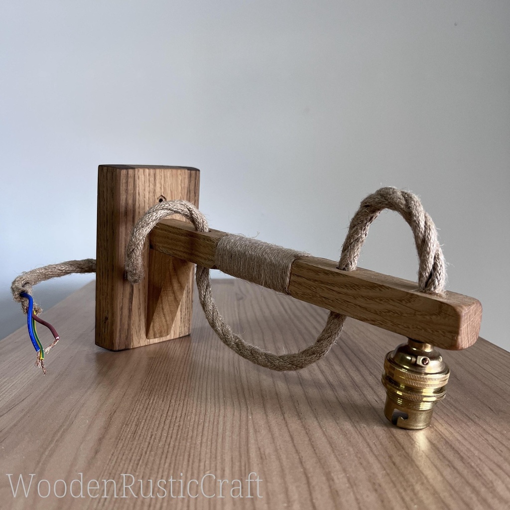 Handmade Rustic Oak Wall Sconce | Jute & Brass