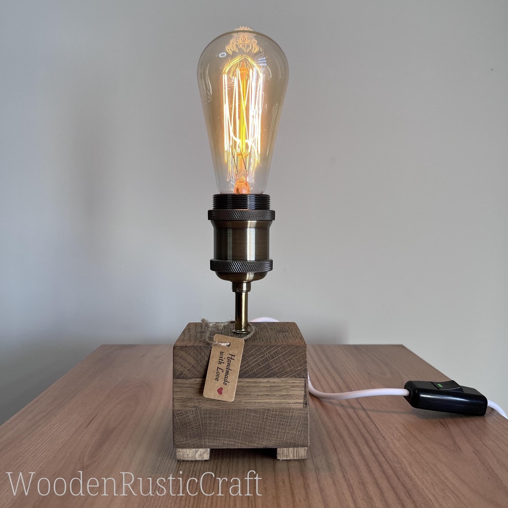 Handmade English Oak Block Table Lamp with Edison Bulb