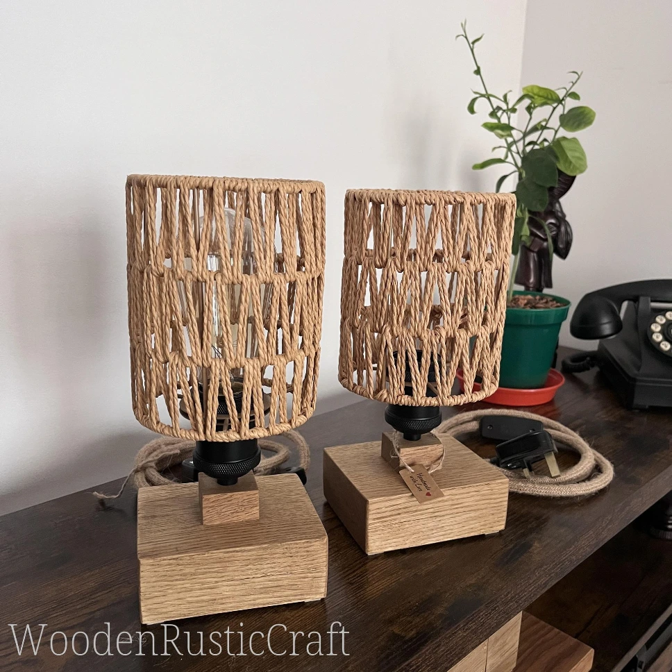 Pair of Handmade Solid Oak Bedside Lamps