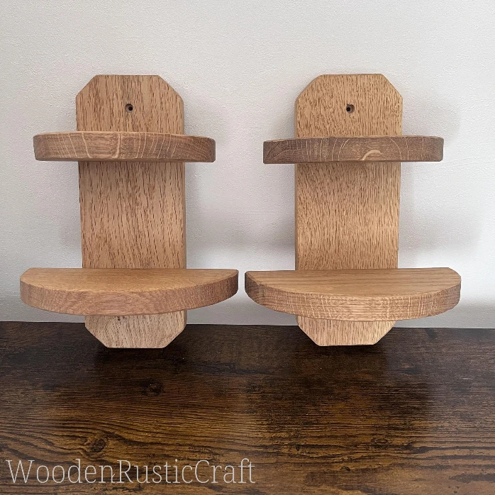 Set of 2 Handmade Oak Two-Tier Wall Shelves