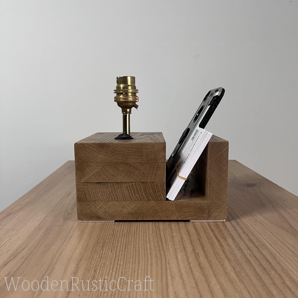 Handmade Oak Bedside Lamp with Organizer | Wooden Rustic Craft